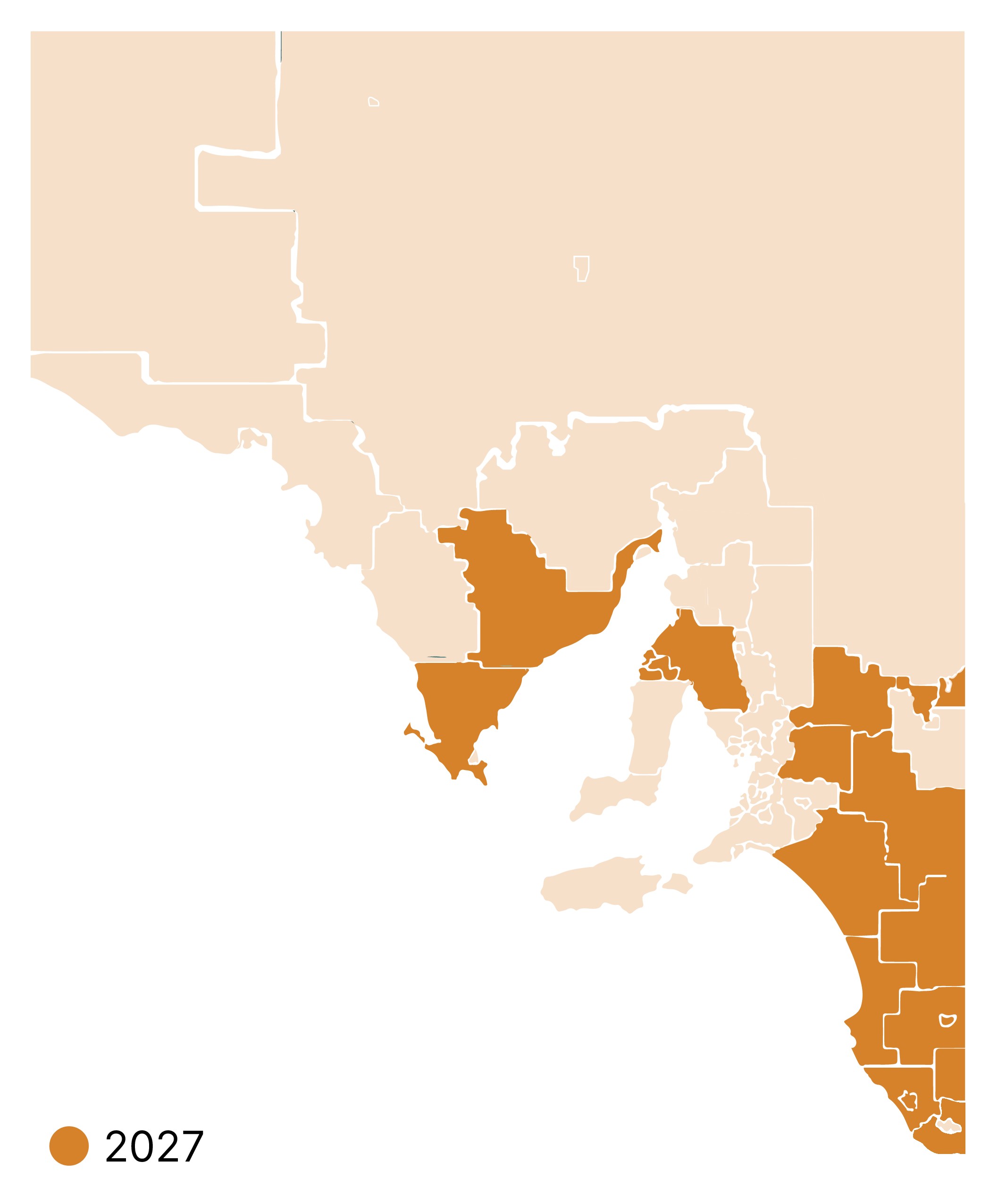 A map colouring the area of South Australia which will have access to 3-year-old preschool in 2027