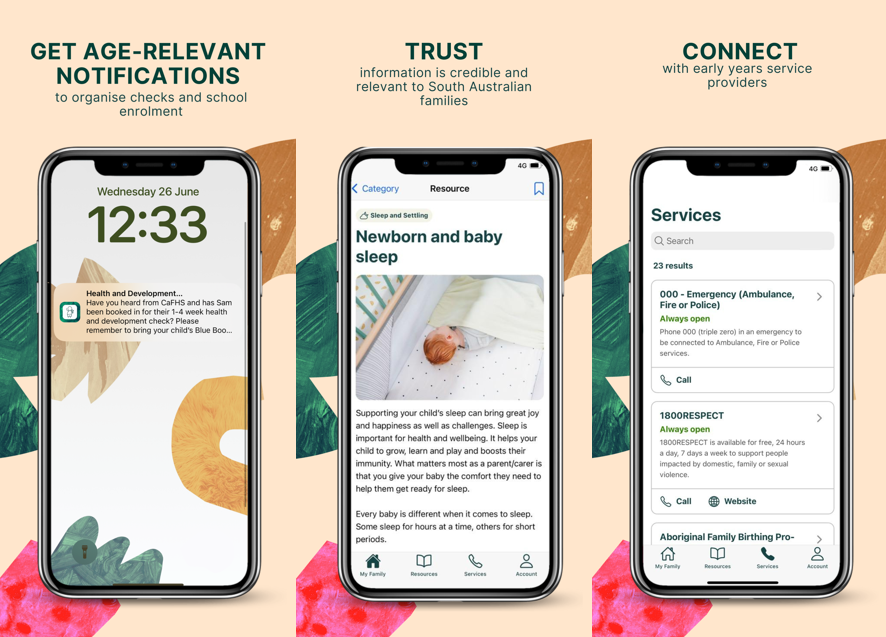 Examples of the notification, resources and services pages on the Early Years SA App