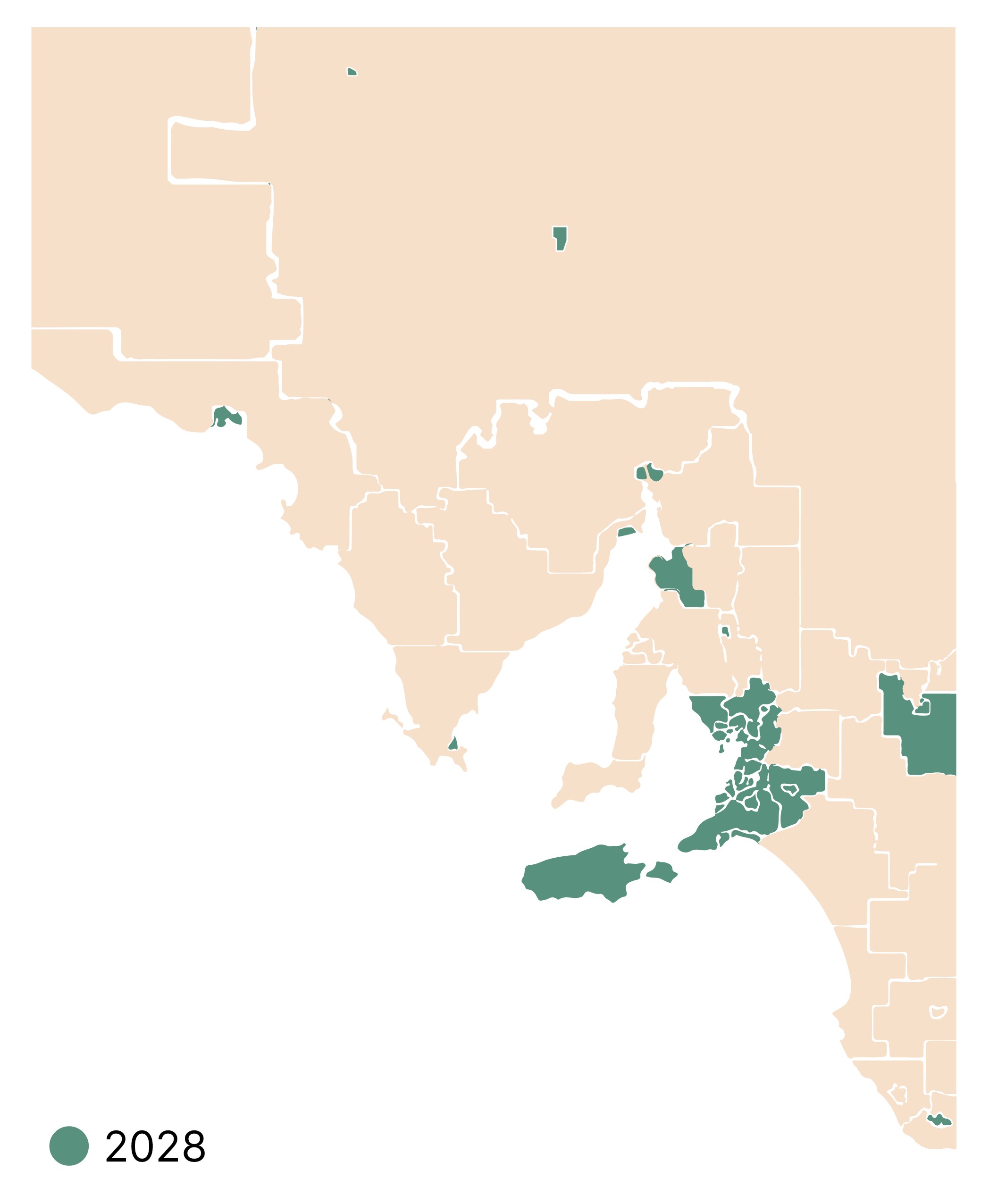 A map colouring the area of South Australia which will have access to 3-year-old preschool in 2028