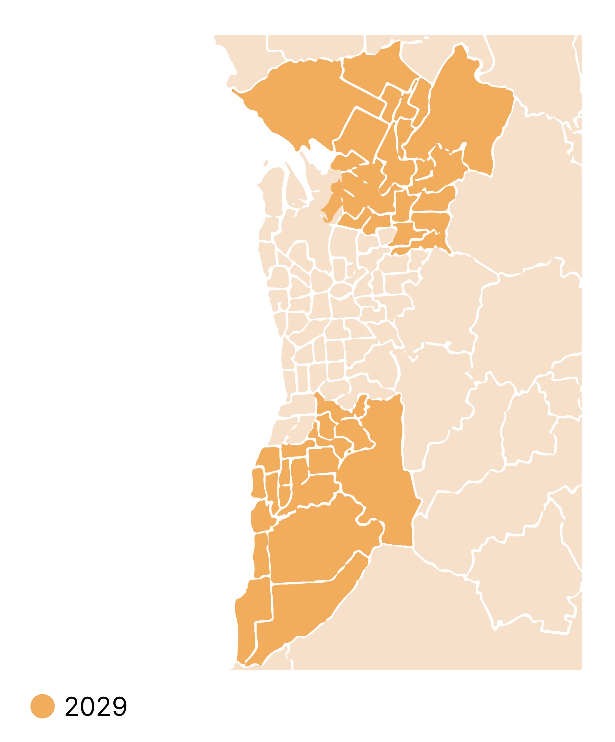 A map colouring the area of South Australia which will have access to 3-year-old preschool in 2029