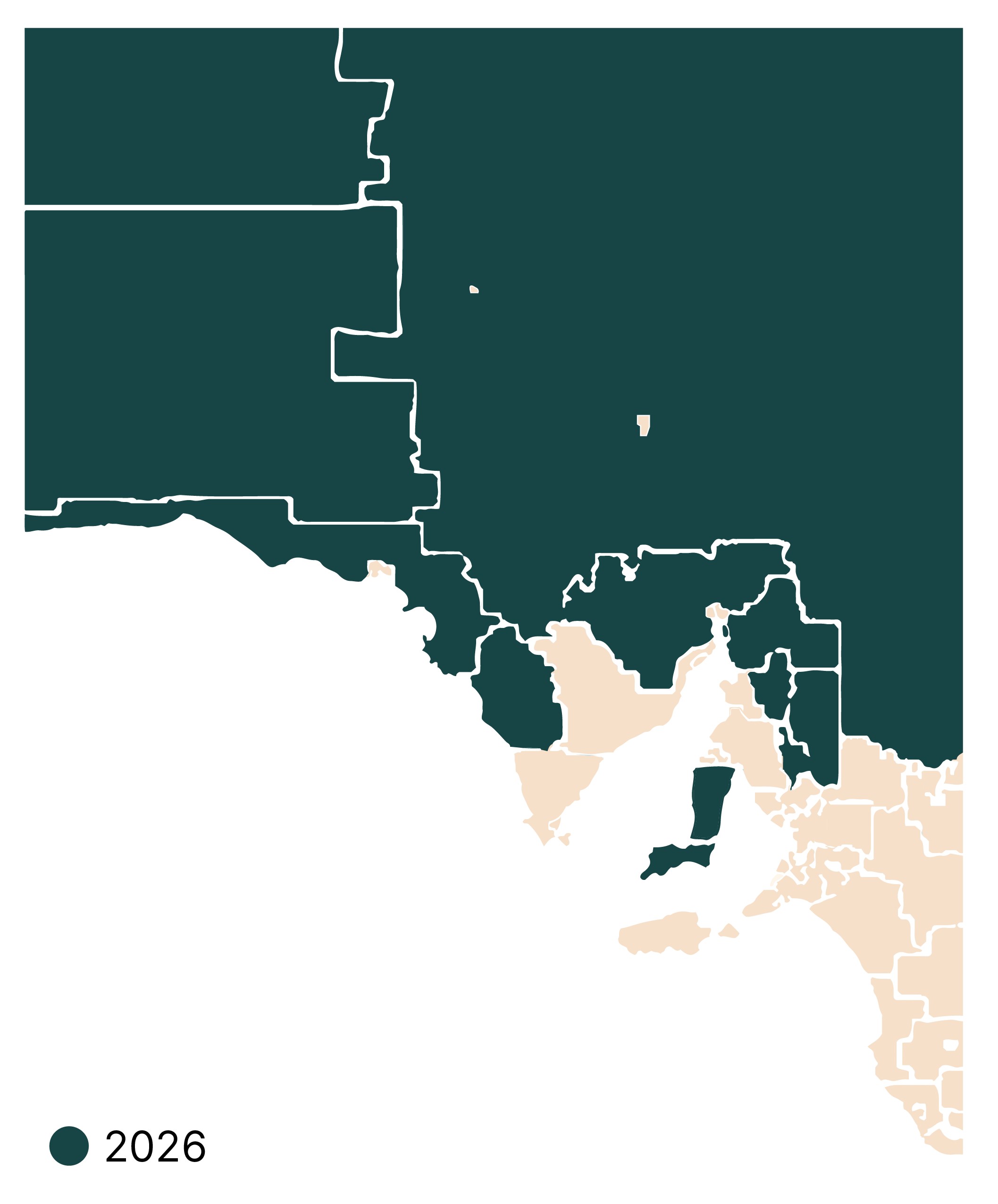 A map colouring the area of South Australia which will have access to 3-year-old preschool in 2026