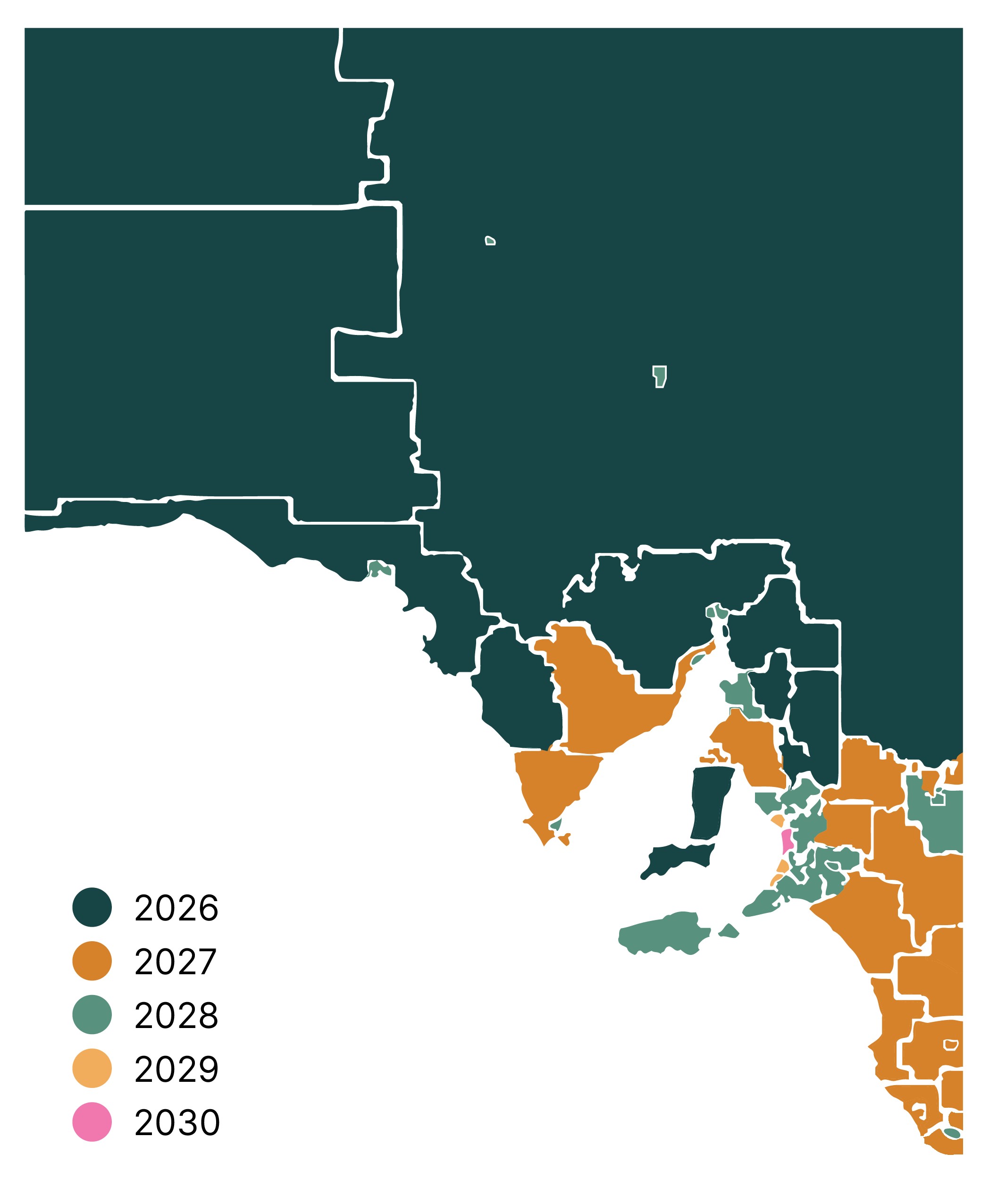 A map colouring the area of South Australia which will have access to 3-year-old preschool from 2026-2032